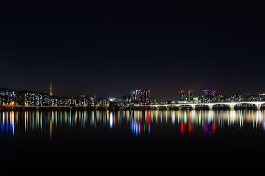 Stunning night view of Seoul's illuminated skyline reflected over the Han River.